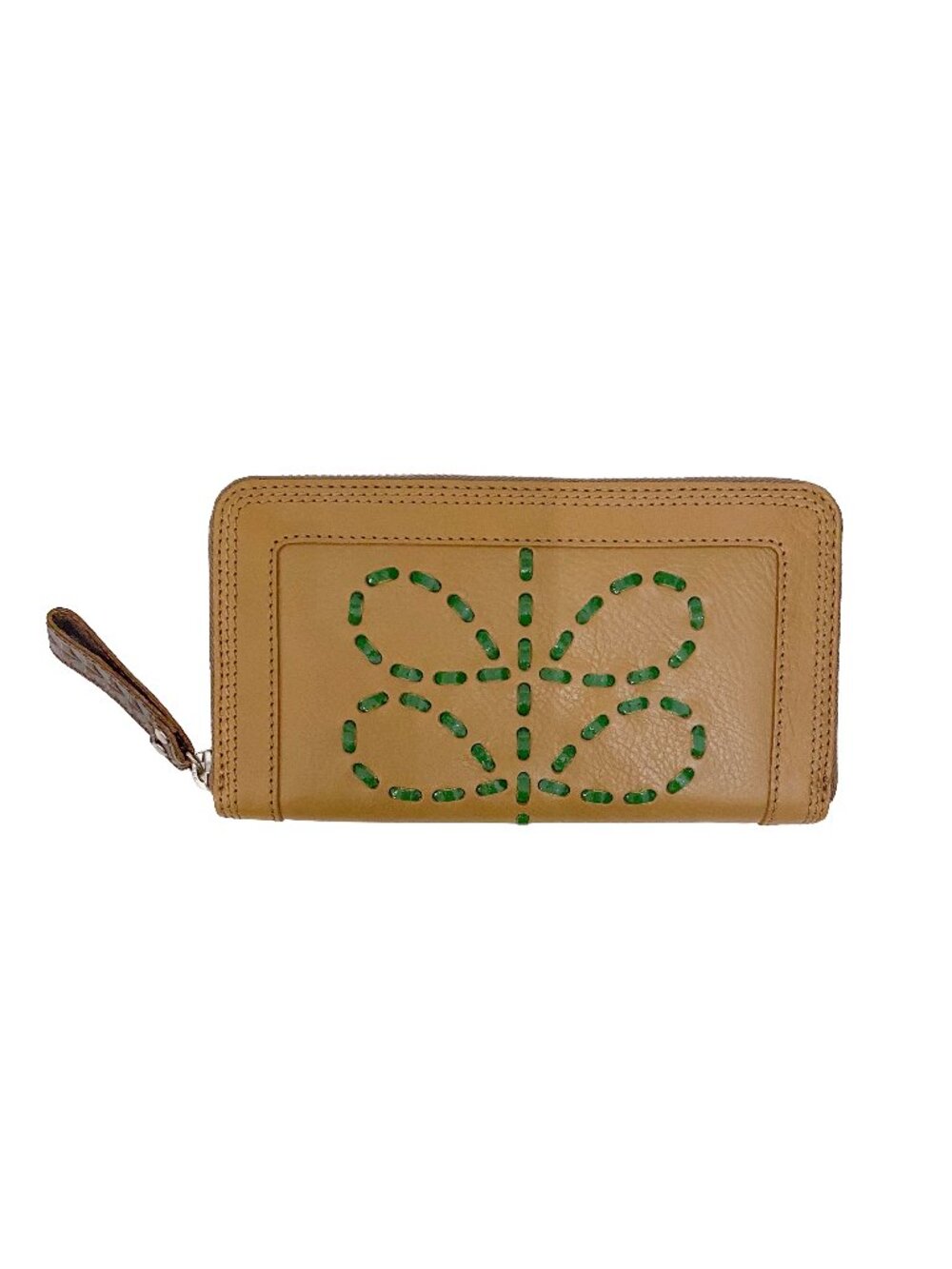 ORLA KIELY Handstitched Stem Leather Big Zip Wallet Cappuccino Tan Green NWT
